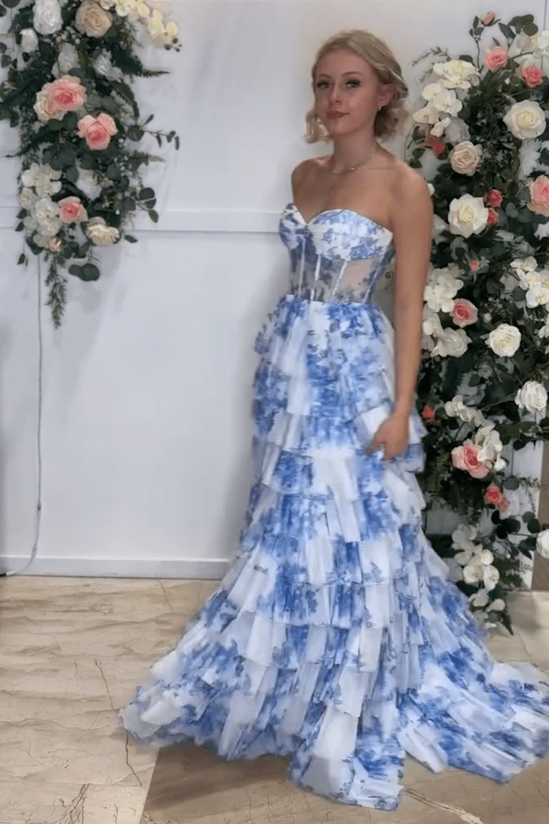 Floral Printed Sweetheart Chiffon Tie A-line Long Corset Prom Dresses