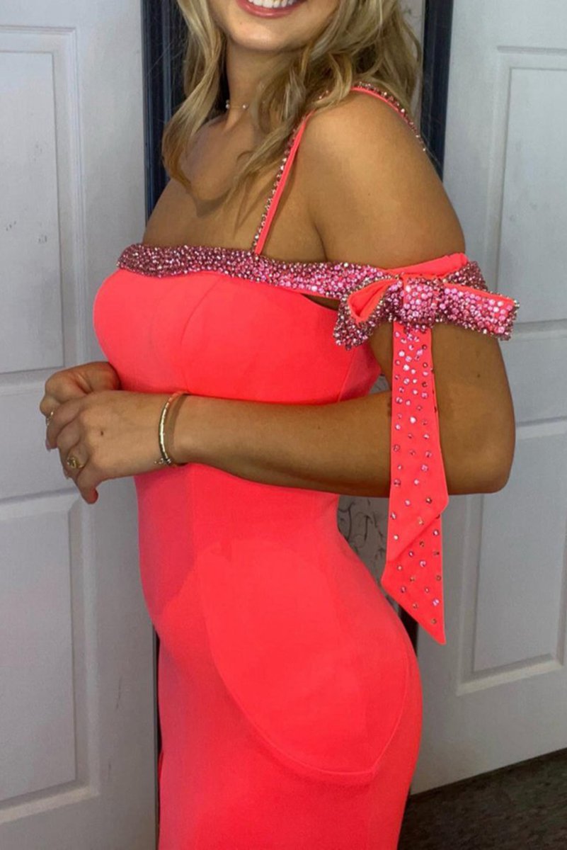 Coral Mermaid One Shoulder Beaded Long Prom Dresses with Slit