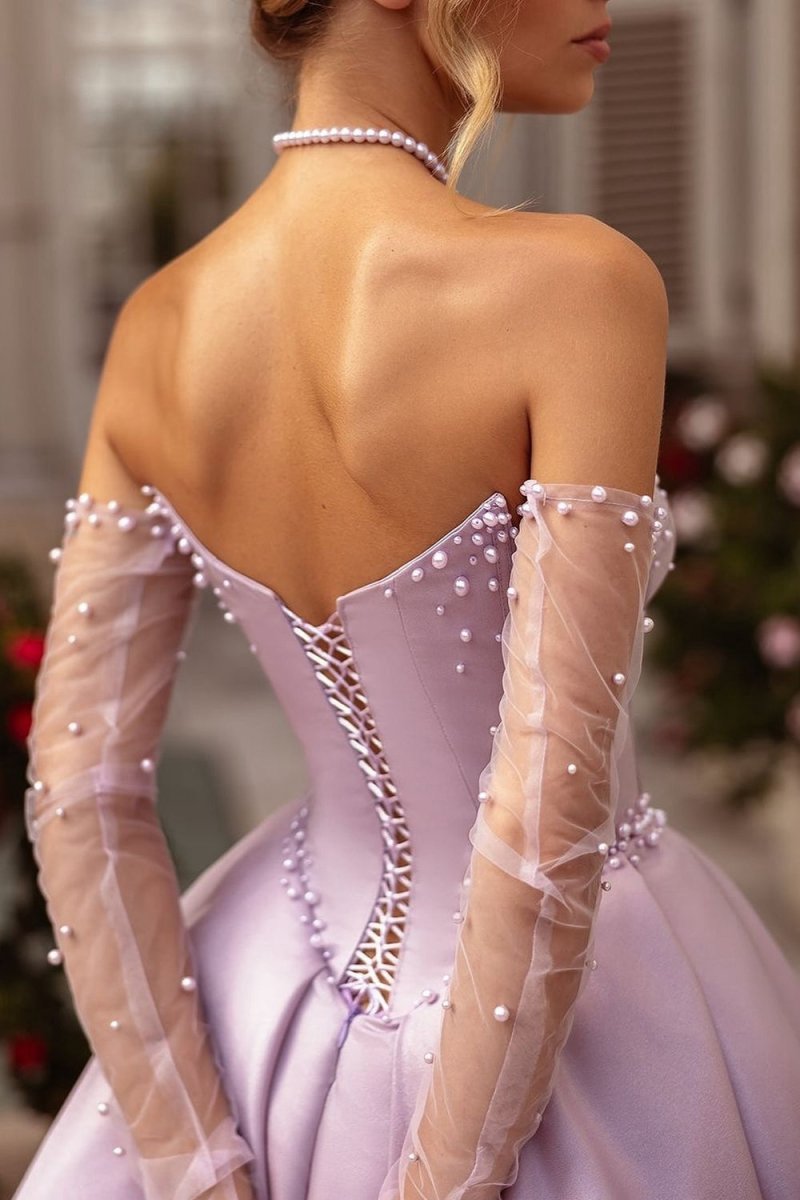 A-line Sweetheart Satin Long Corset Prom Dresses with Slit (Gloves are not Included)