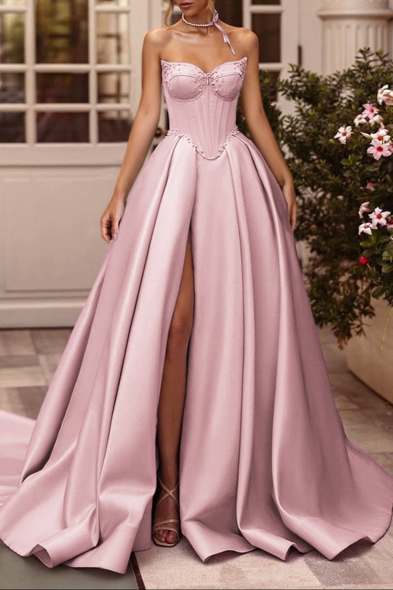 A-line Sweetheart Satin Long Corset Prom Dresses with Slit (Gloves are not Included)