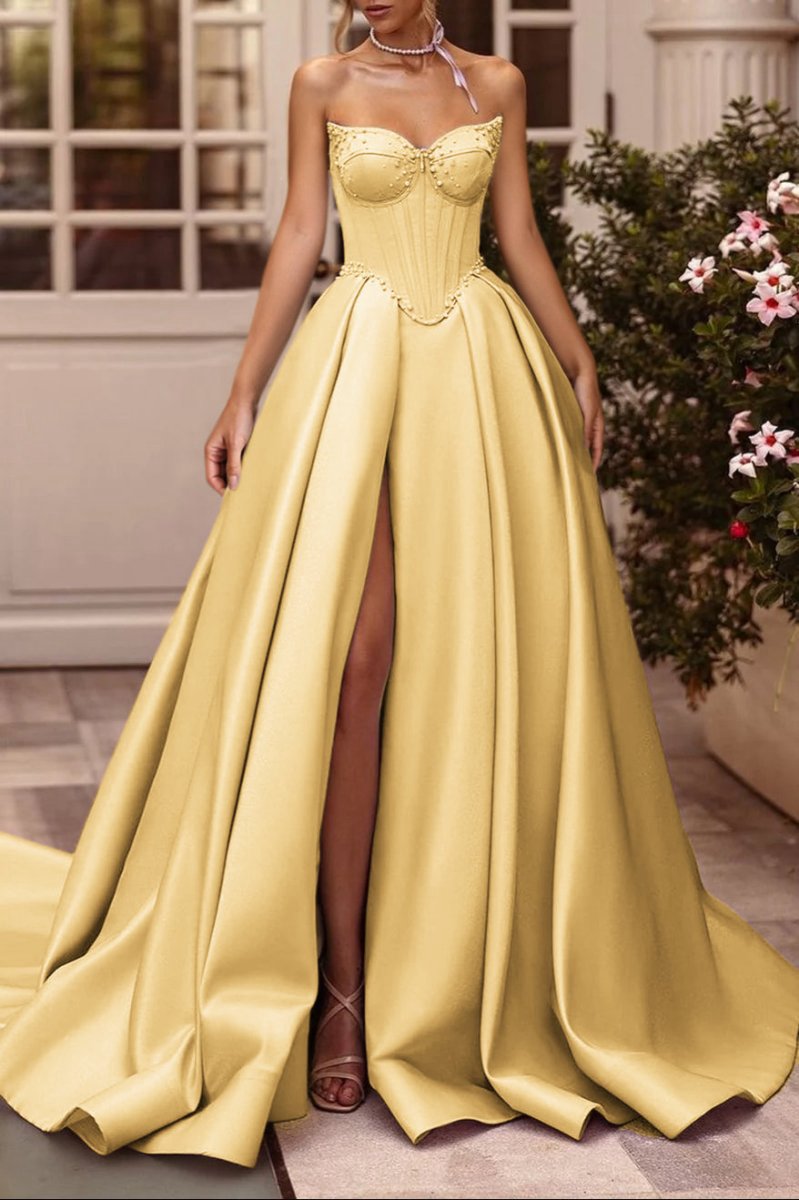 A-line Sweetheart Satin Long Corset Prom Dresses with Slit (Gloves are not Included)