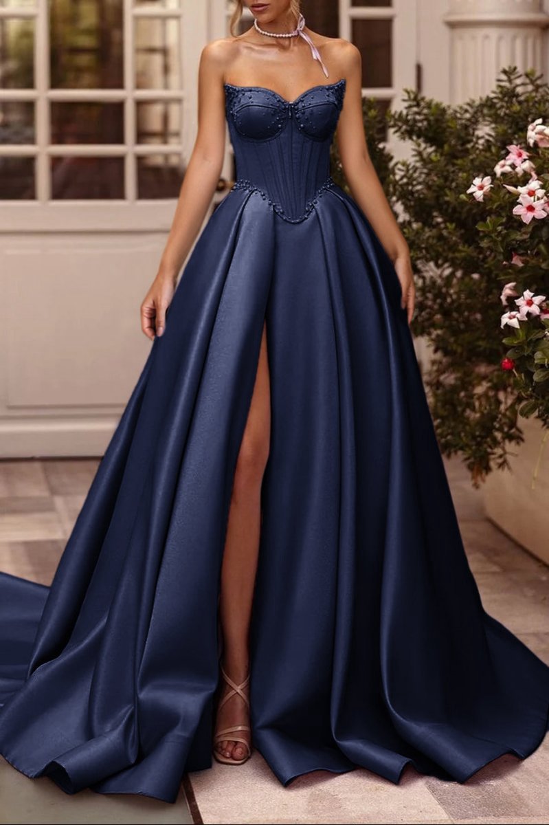 A-line Sweetheart Satin Long Corset Prom Dresses with Slit (Gloves are not Included)