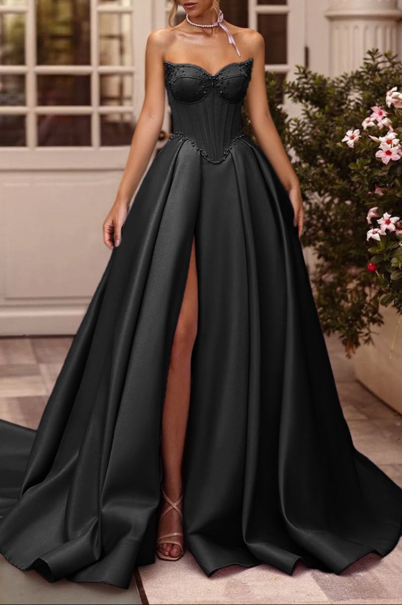 A-line Sweetheart Satin Long Corset Prom Dresses with Slit (Gloves are not Included)