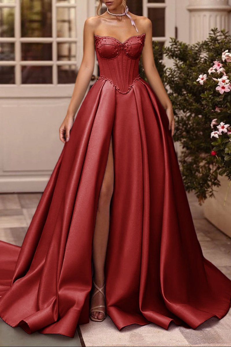 A-line Sweetheart Satin Long Corset Prom Dresses with Slit (Gloves are not Included)