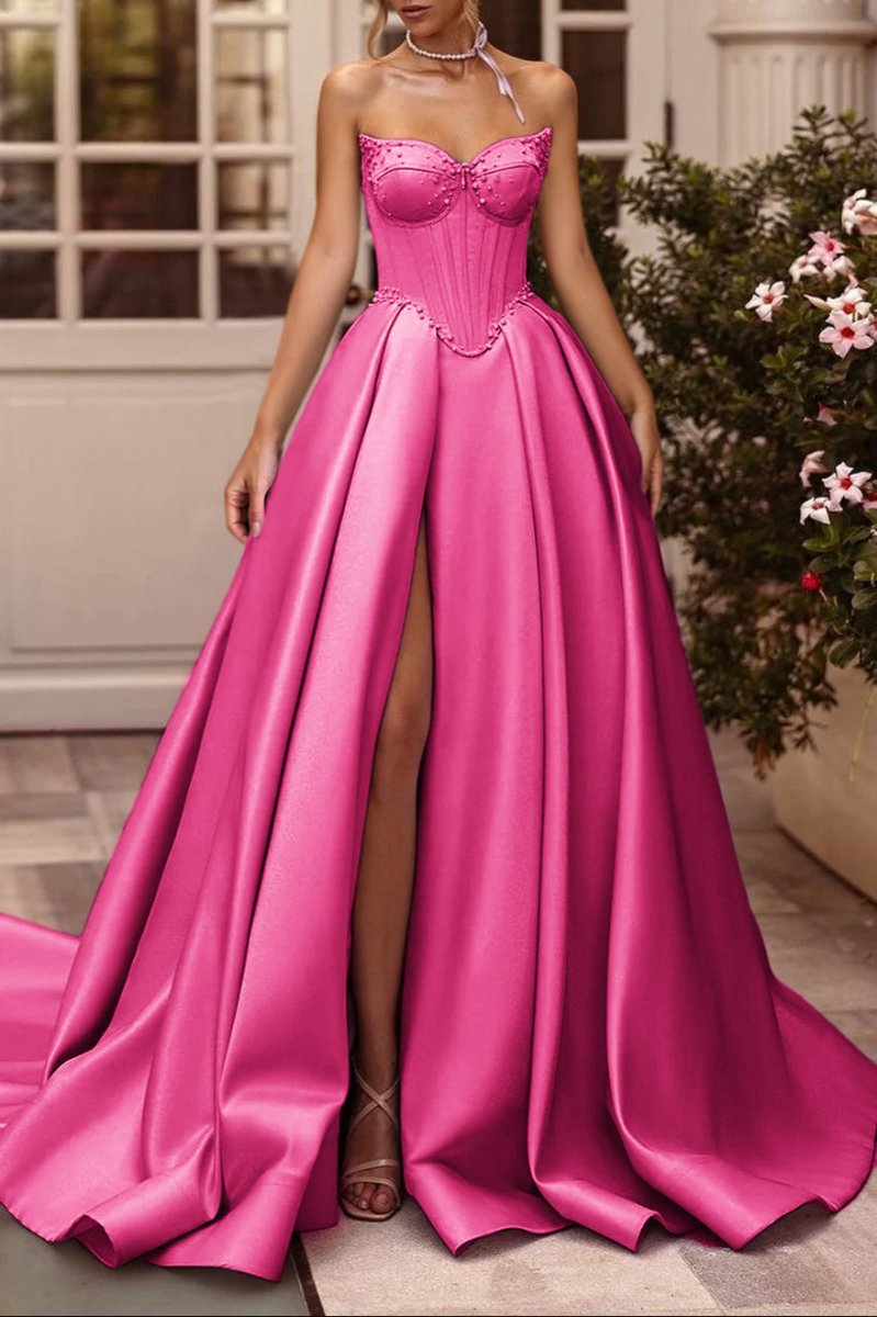 A-line Sweetheart Satin Long Corset Prom Dresses with Slit (Gloves are not Included)