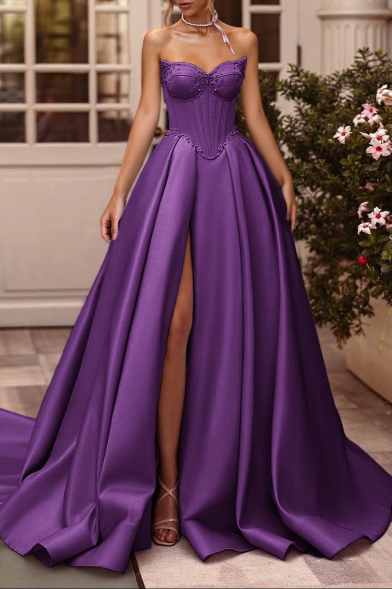 A-line Sweetheart Satin Long Corset Prom Dresses with Slit (Gloves are not Included)