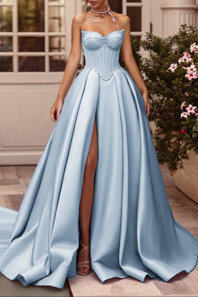 A-line Sweetheart Satin Long Corset Prom Dresses with Slit (Gloves are not Included)