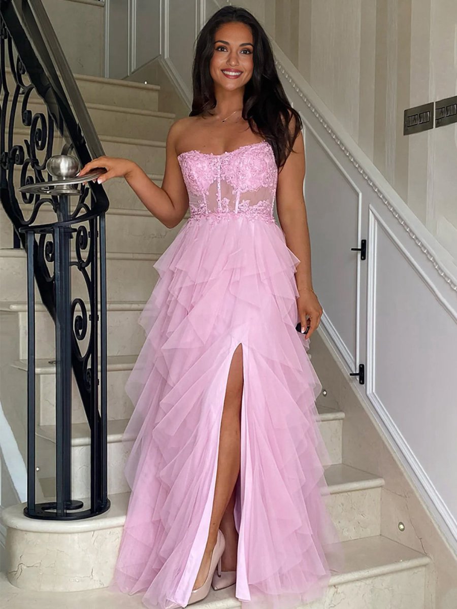 A-line Tulle Tie Long Corset Strapless Prom Dresses with Appliques