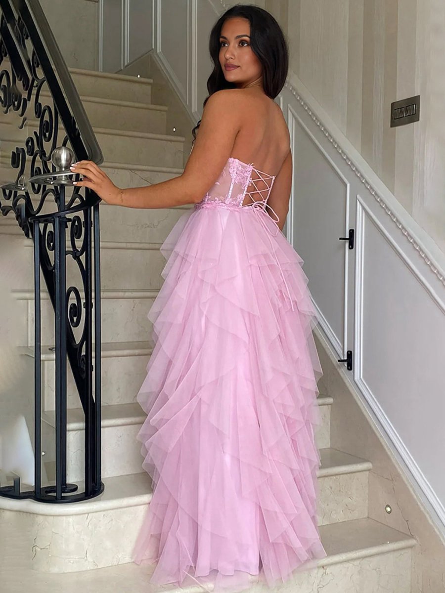 A-line Tulle Tie Long Corset Strapless Prom Dresses with Appliques