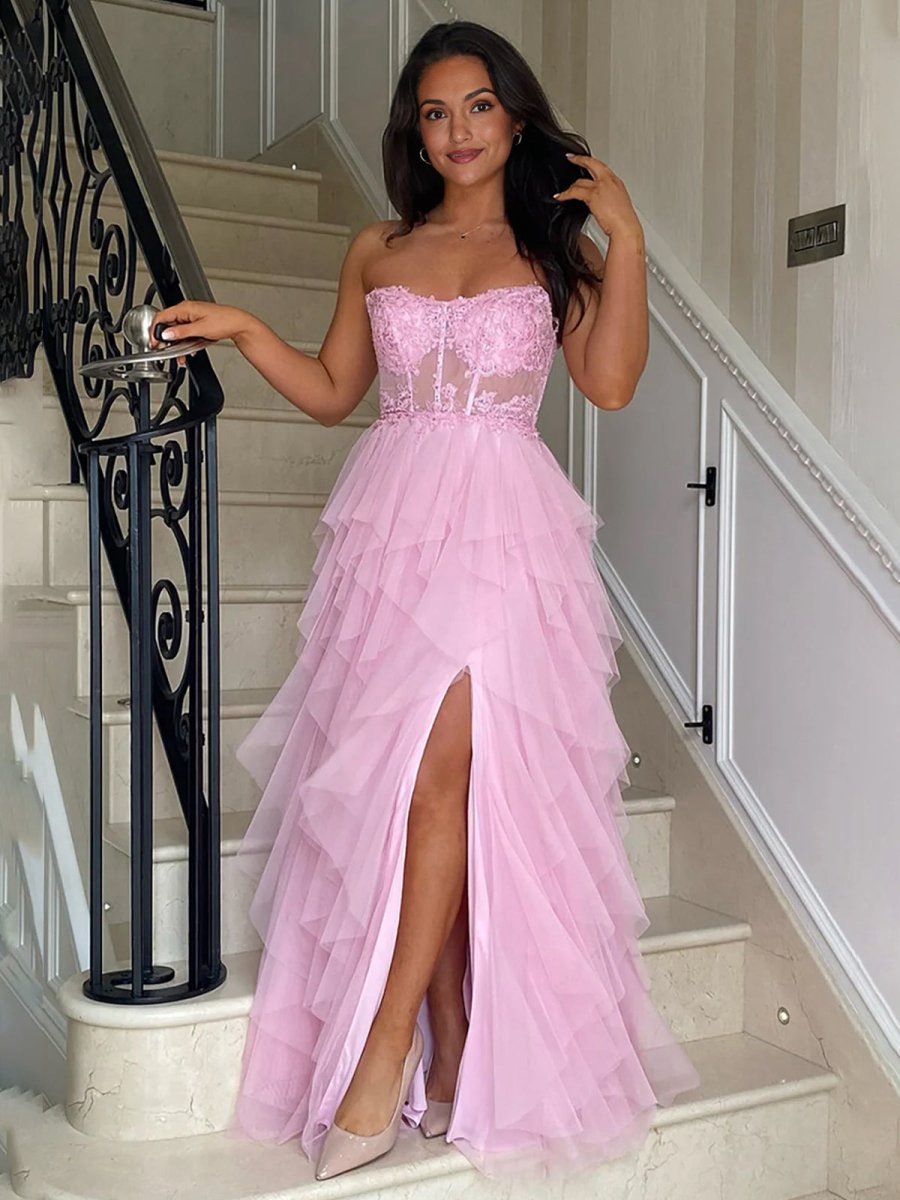 A-line Tulle Tie Long Corset Strapless Prom Dresses with Appliques