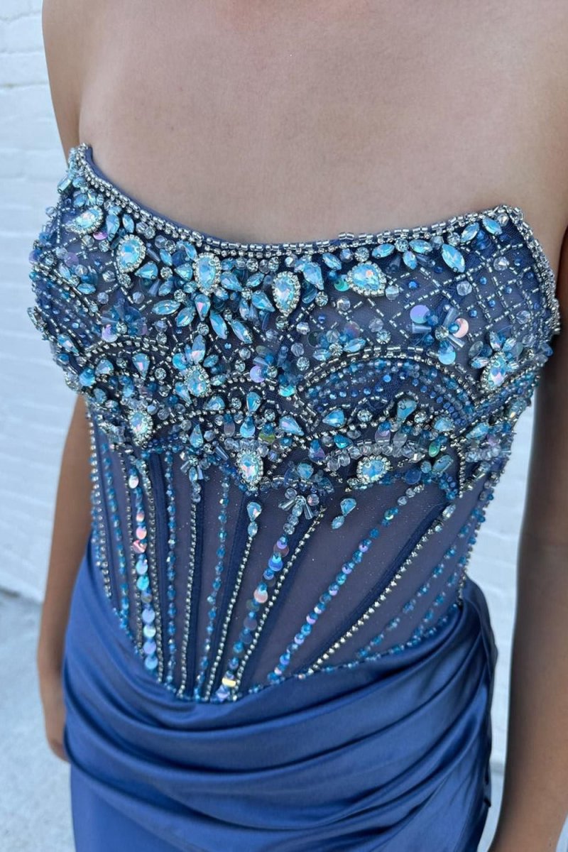 Strapless Mermaid Satin Beaded Prom Dresses with Split