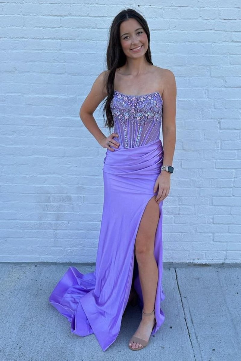 Strapless Mermaid Satin Beaded Prom Dresses with Split