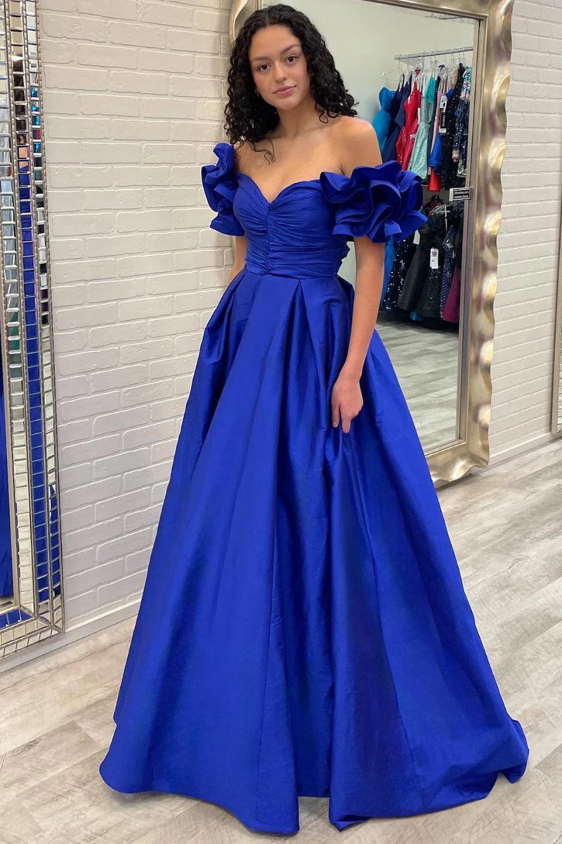 A-line Off-the-Shoulder Ruffled Sleeve Prom Dresses