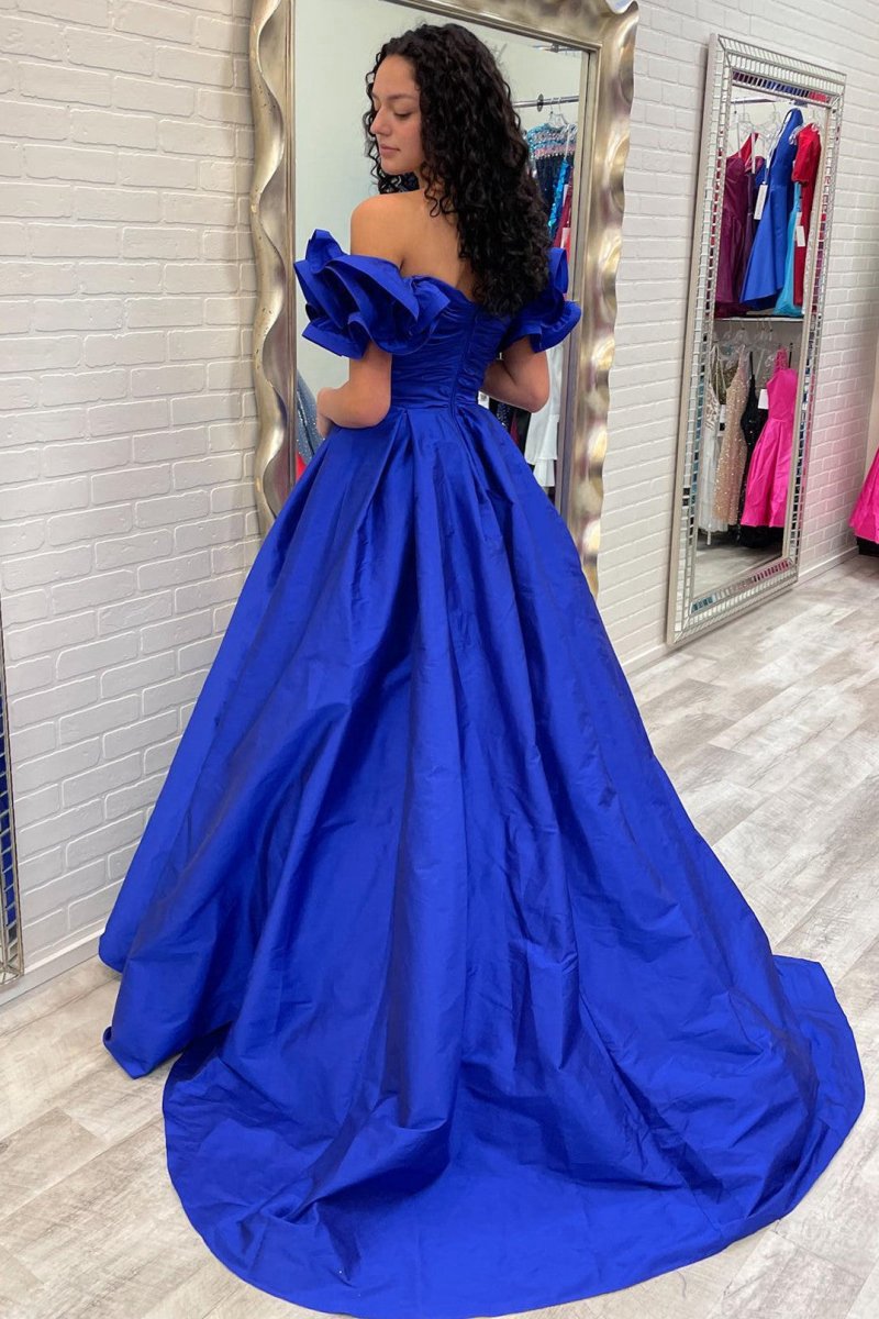 A-line Off-the-Shoulder Ruffled Sleeve Prom Dresses