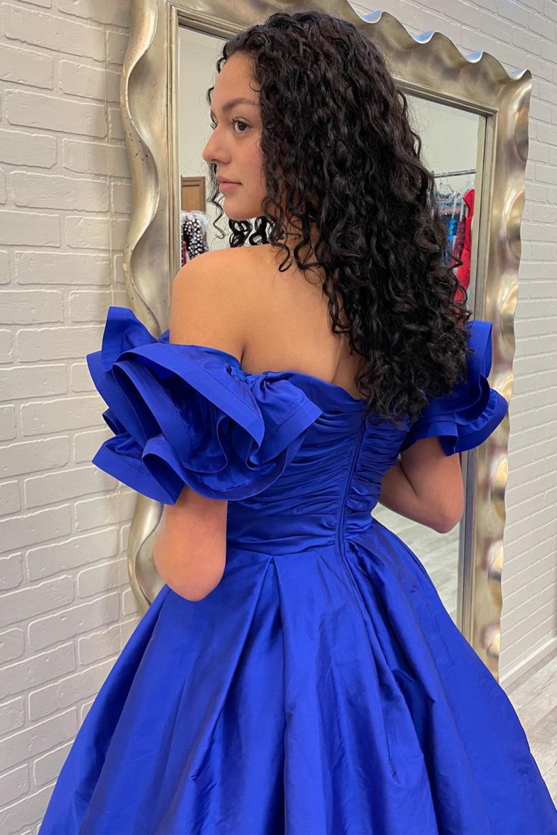 A-line Off-the-Shoulder Ruffled Sleeve Prom Dresses