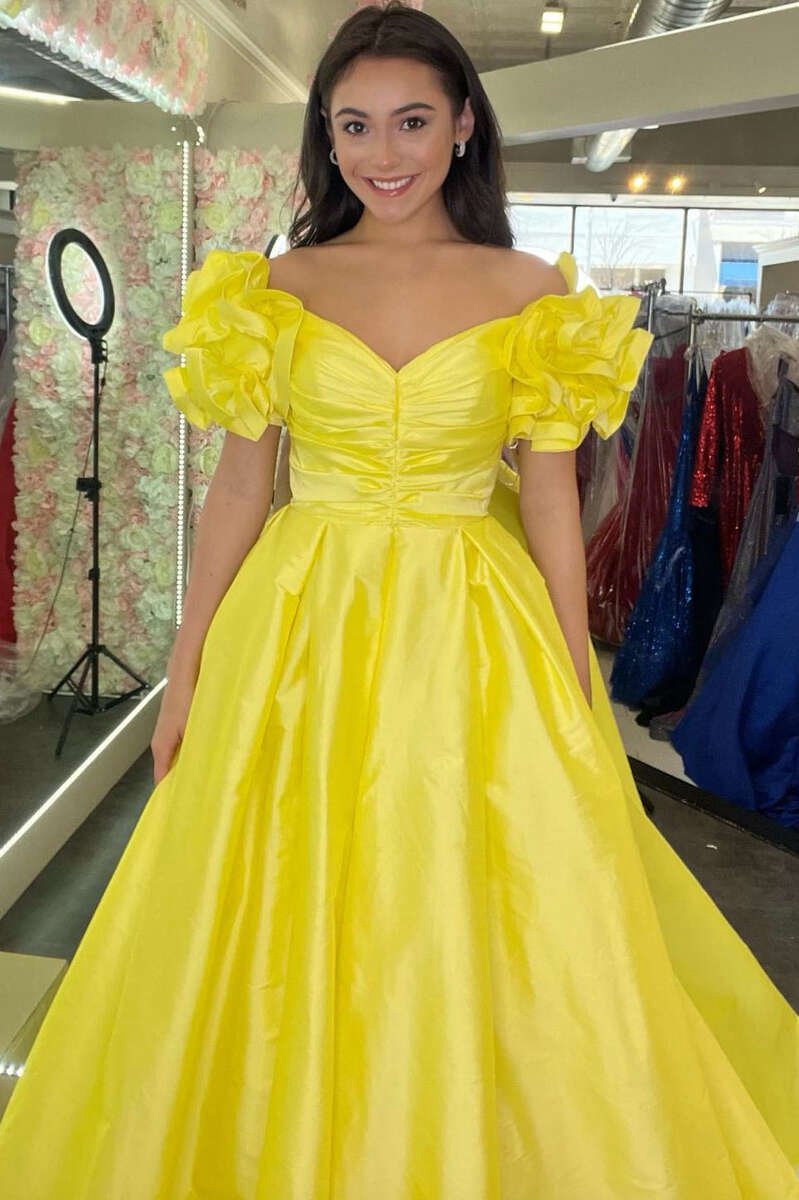 A-line Off-the-Shoulder Ruffled Sleeve Prom Dresses