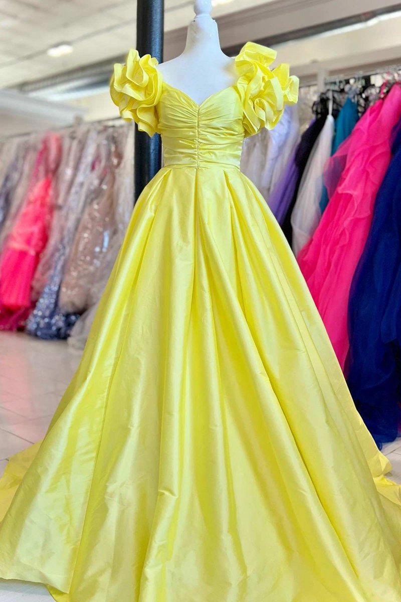 A-line Off-the-Shoulder Ruffled Sleeve Prom Dresses