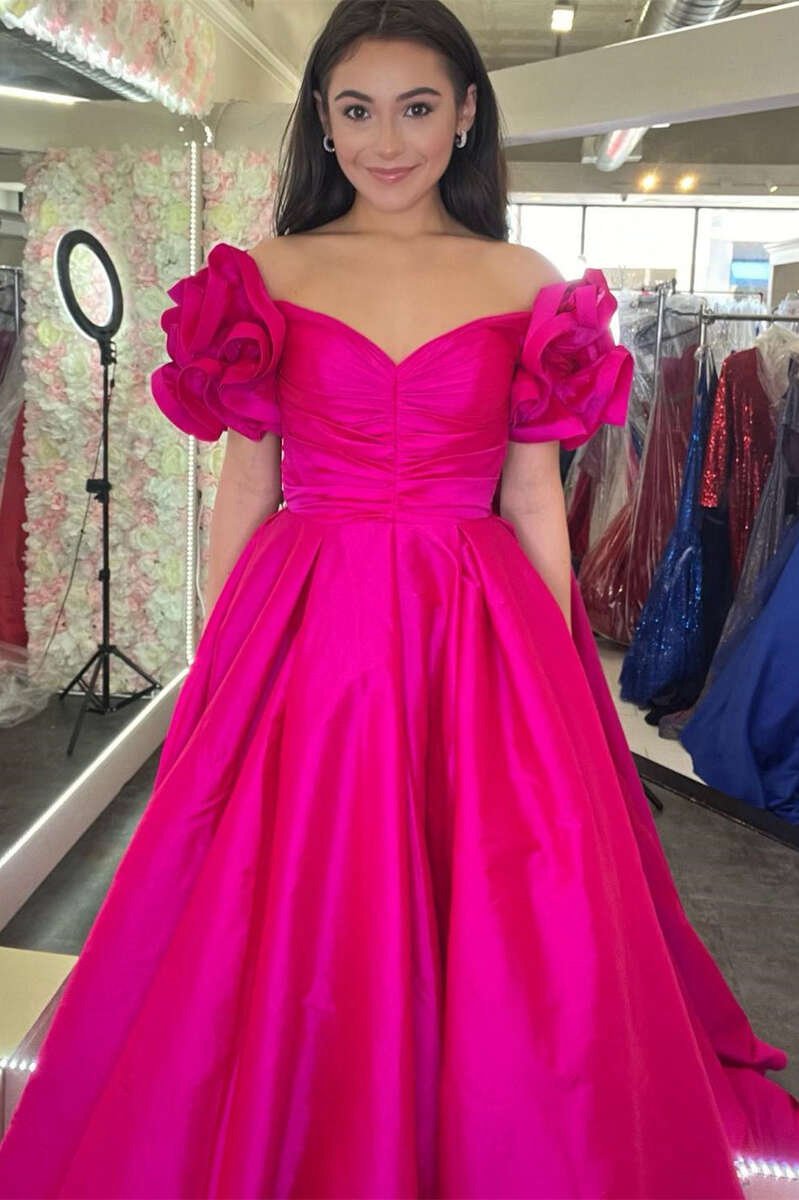 A-line Off-the-Shoulder Ruffled Sleeve Prom Dresses