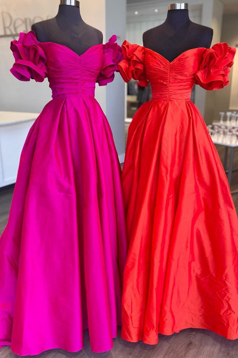 A-line Off-the-Shoulder Ruffled Sleeve Prom Dresses