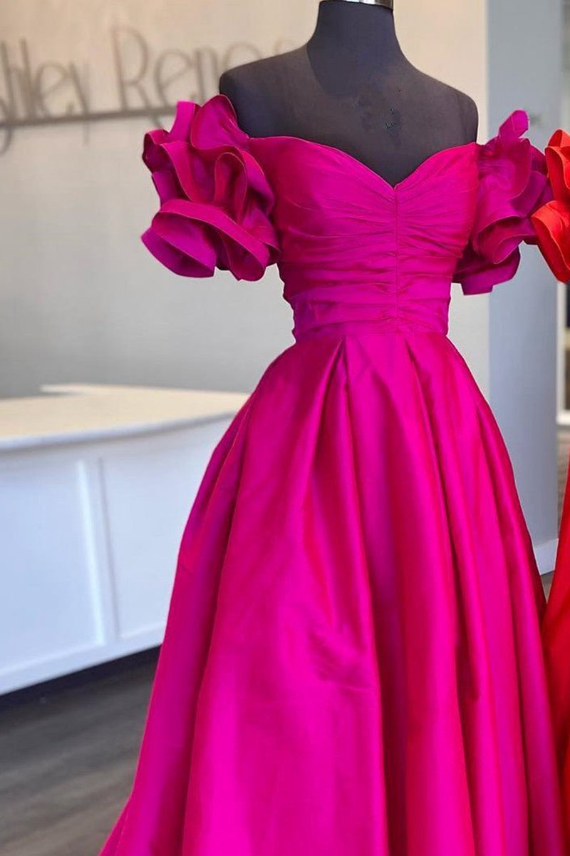 A-line Off-the-Shoulder Ruffled Sleeve Prom Dresses