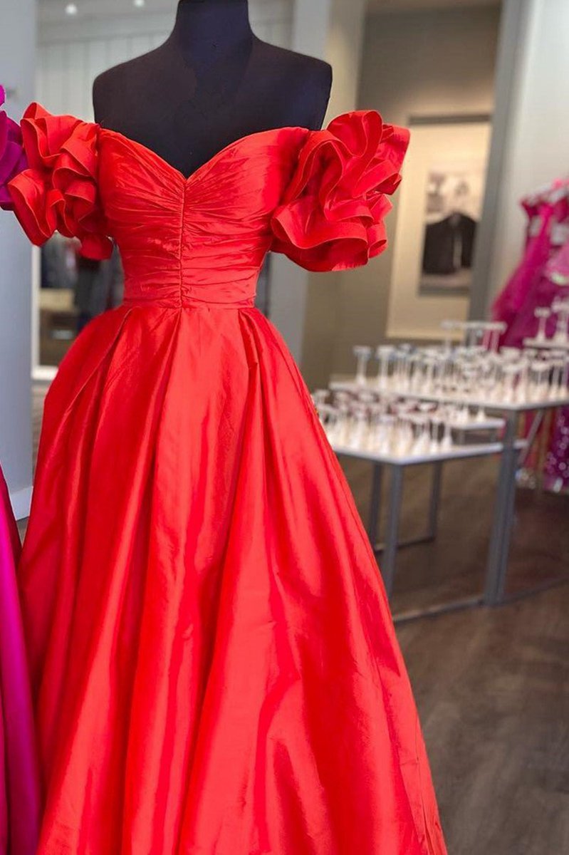 A-line Off-the-Shoulder Ruffled Sleeve Prom Dresses