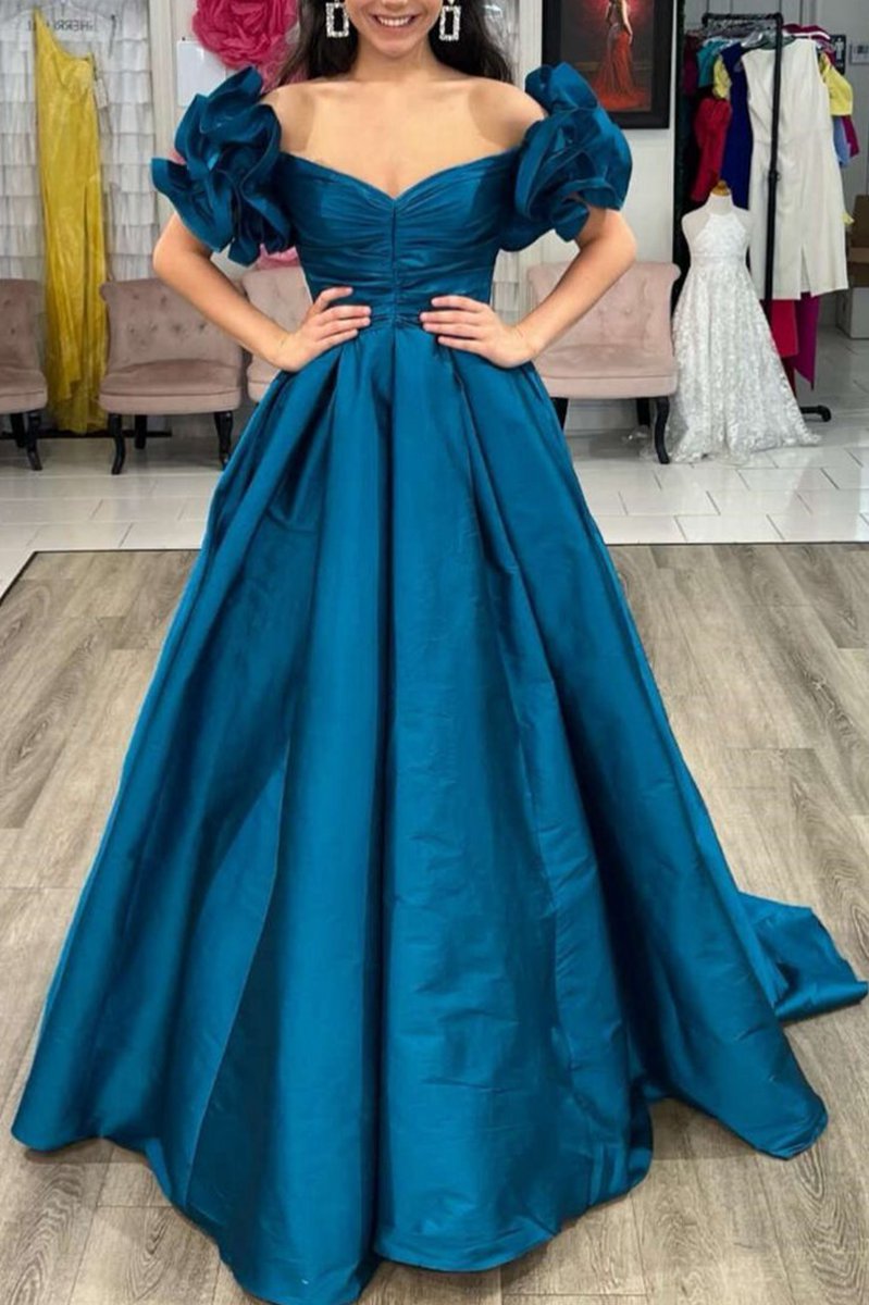 A-line Off-the-Shoulder Ruffled Sleeve Prom Dresses