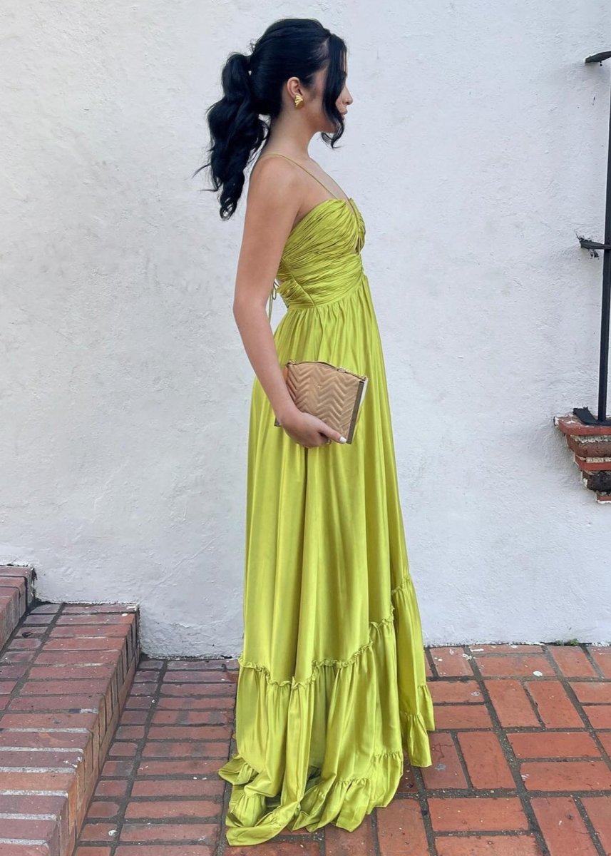 Criss-cross Chartreuse Ruched A-line Halter Sleeveless Long Prom Dresses