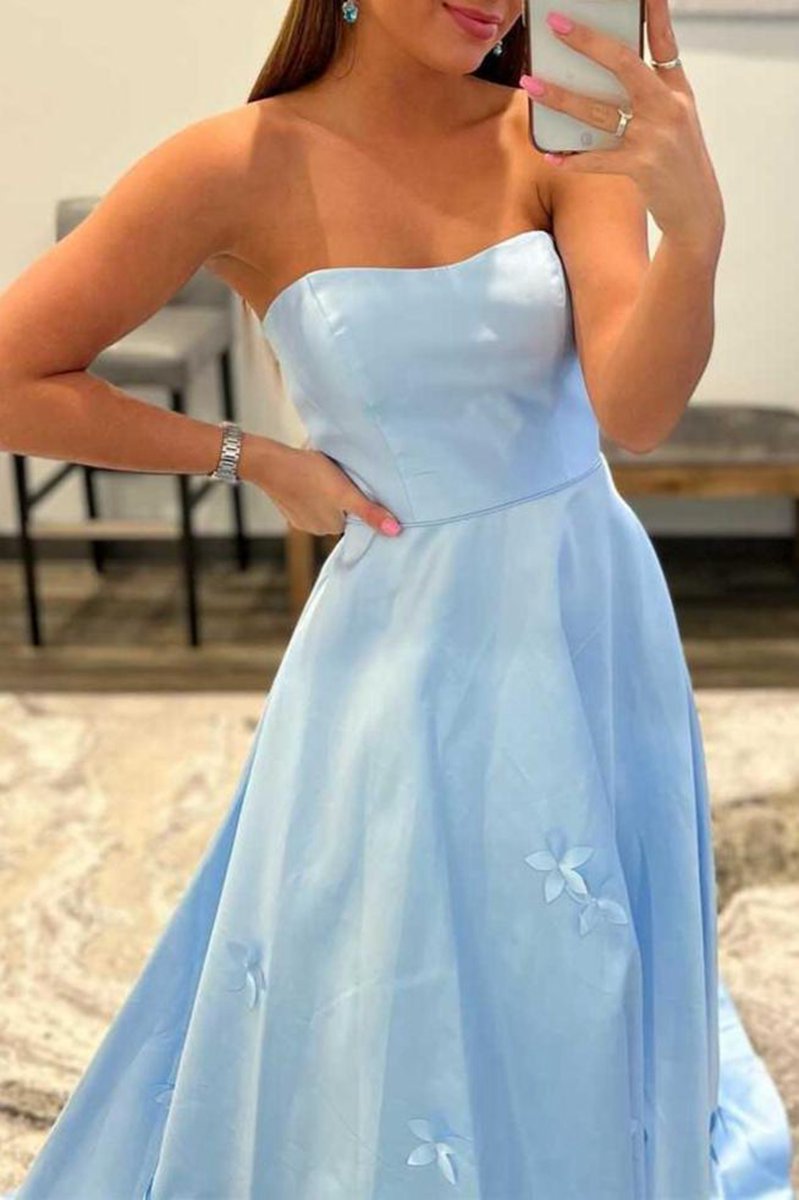 3D Flower Strapless A-line Prom Dresses