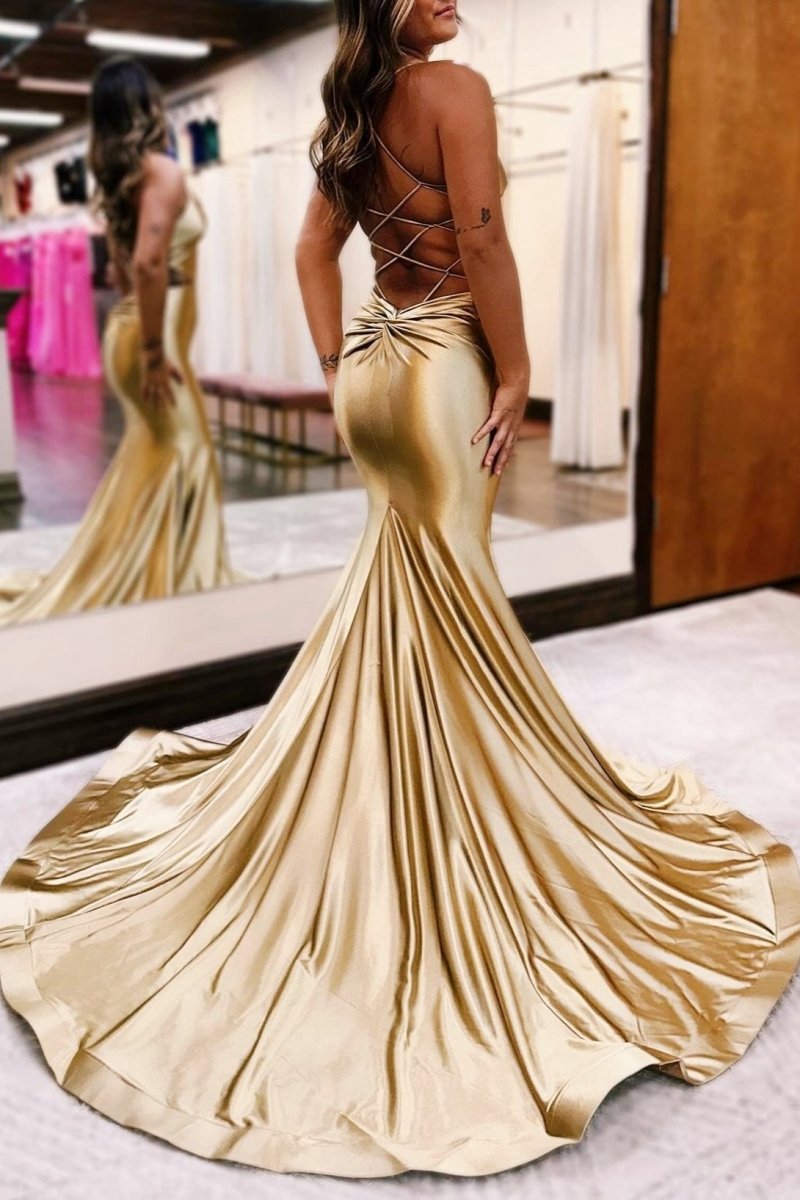 Gold V-Neck Lace-Up Trumpet Long Formal Dresses
