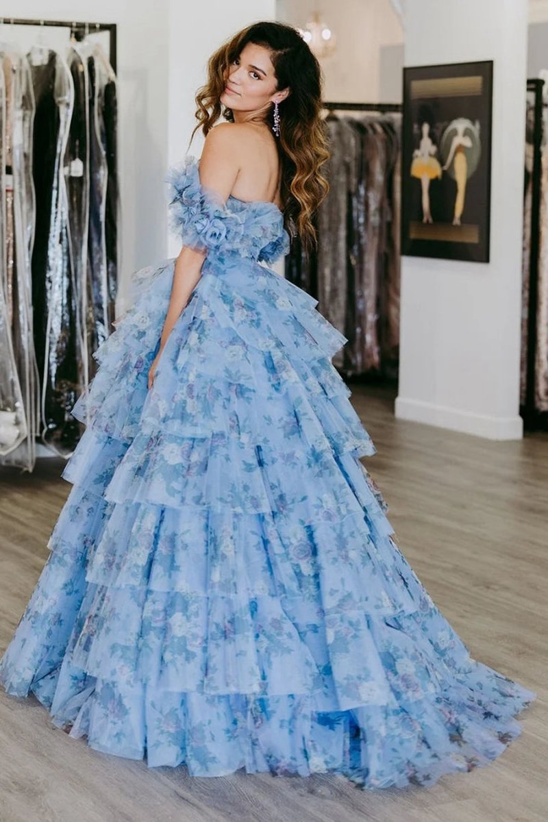 Floral Tie A-line Long Prom Dresses with Ruffles