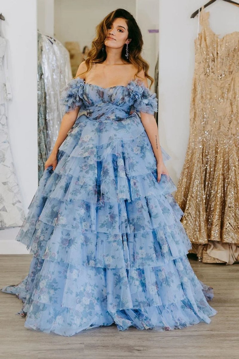 Floral Tie A-line Long Prom Dresses with Ruffles