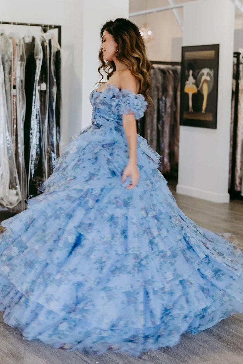Floral Tie A-line Long Prom Dresses with Ruffles