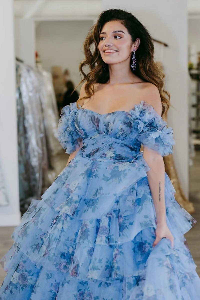 Floral Tie A-line Long Prom Dresses with Ruffles