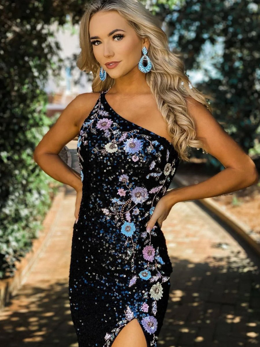 Mermaid One Shoulder Sequins Long Prom Dresses with Sequins Flowers