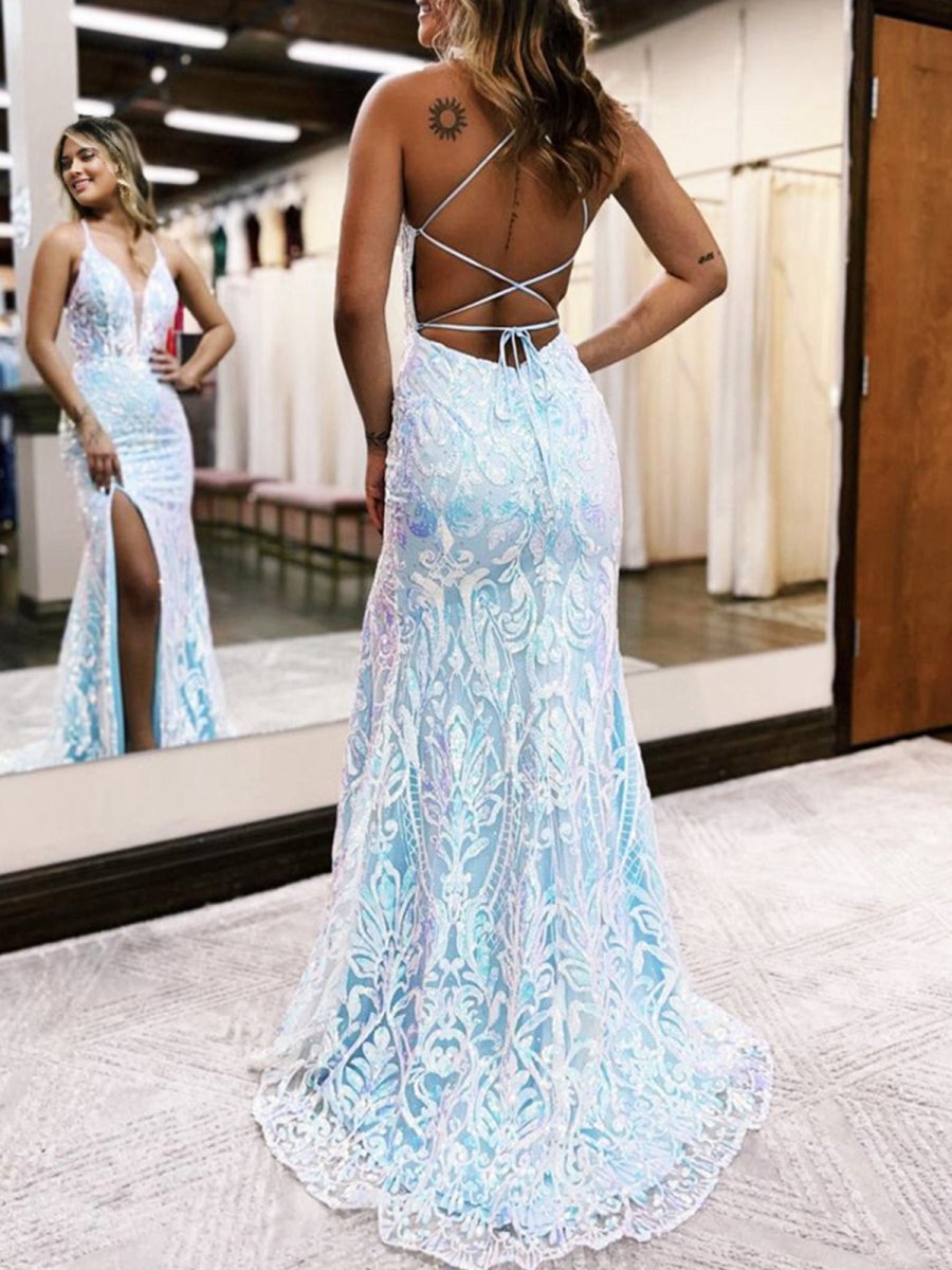 Mermaid Deep V Neck Sequins Lace Long Prom Dresses with Slit