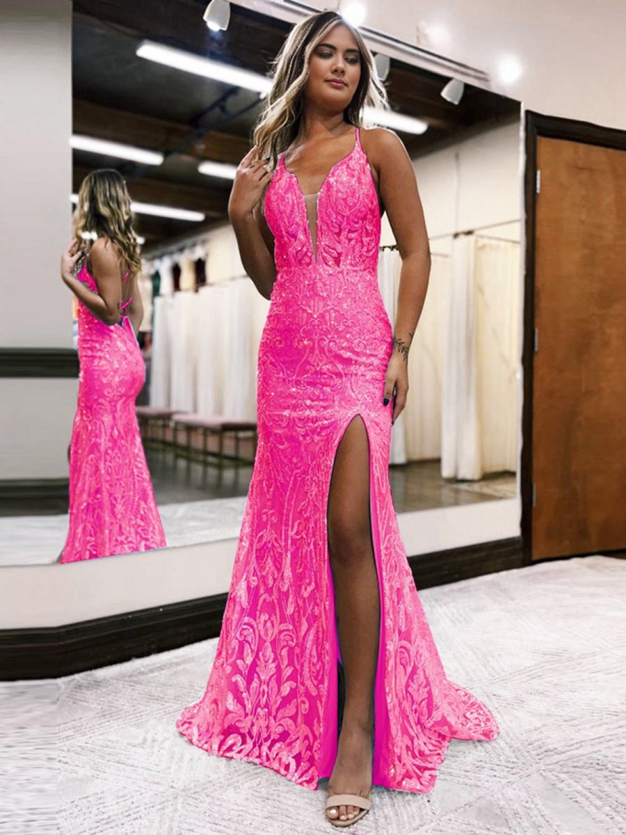 Mermaid Deep V Neck Sequins Lace Long Prom Dresses with Slit