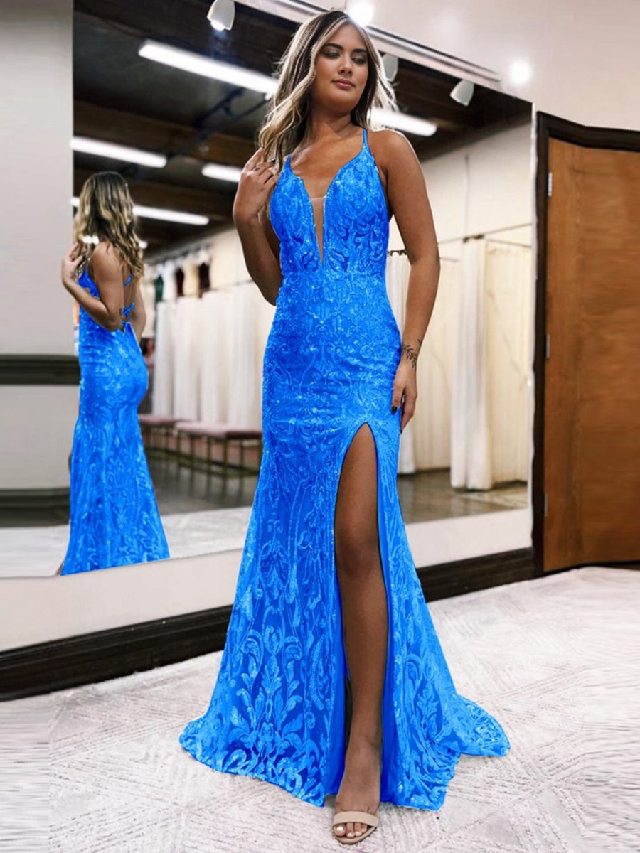 Mermaid Deep V Neck Sequins Lace Long Prom Dresses with Slit