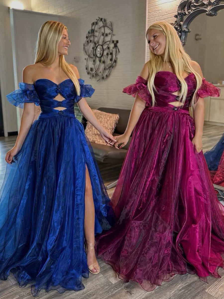 Strapless Keyhole Balloon Sleeves Long Prom Dresses