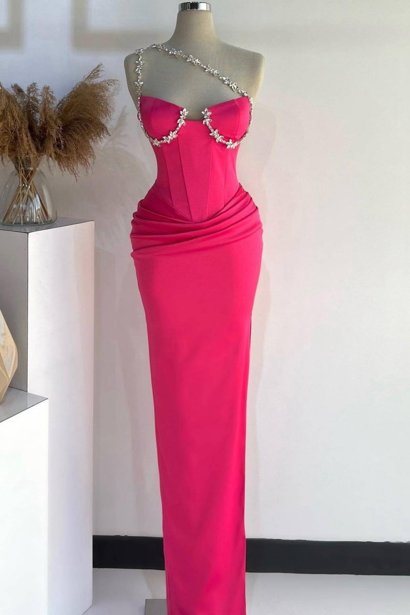 One Shoulder Rhinestones Pleated Long Prom Dresses