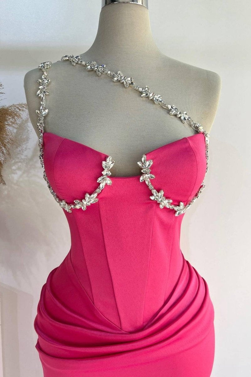 One Shoulder Rhinestones Pleated Long Prom Dresses