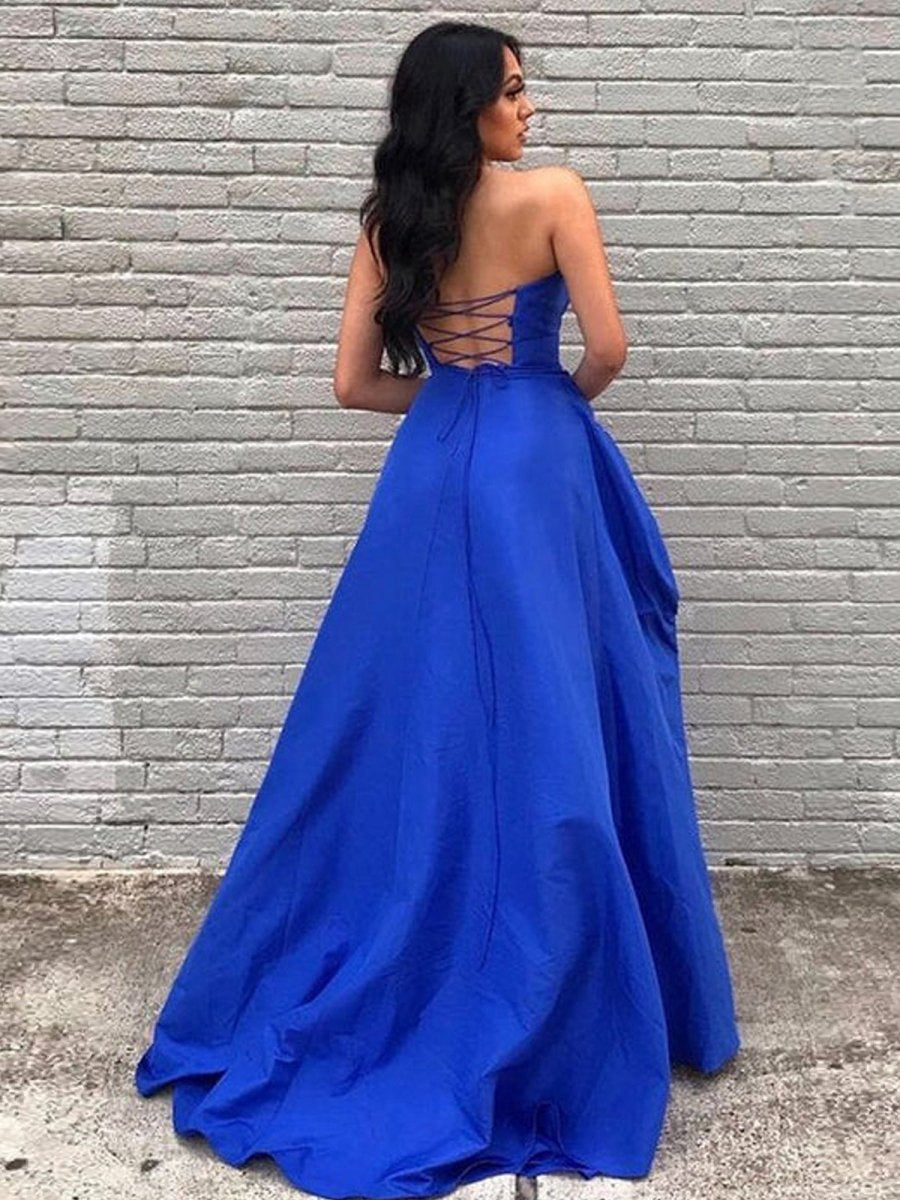 A-line Sweetheart Satin Long Prom Dresses with Slit