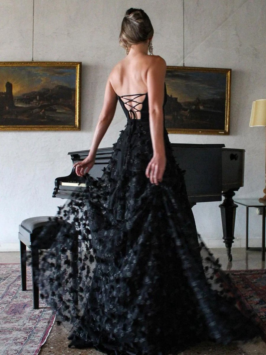 A-line Strapless 3D Flowers Long Prom Dresses with Slit