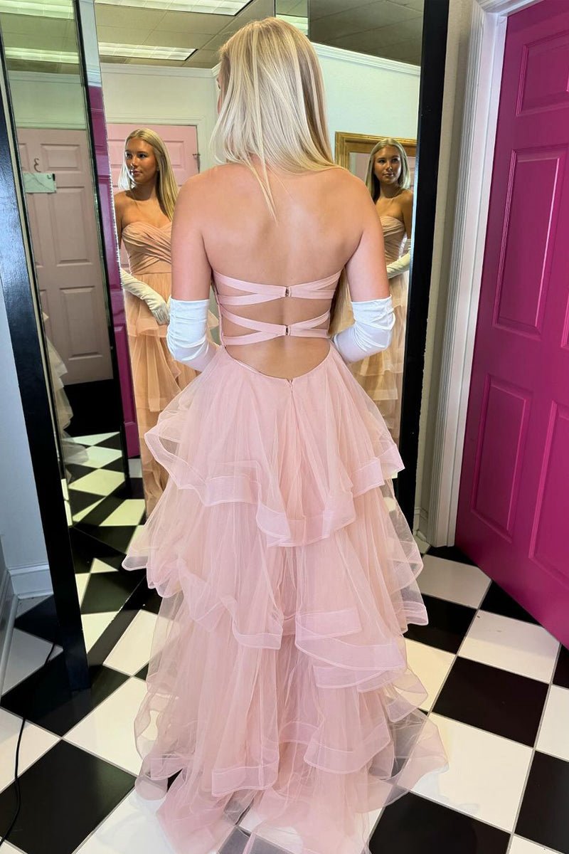A-line Strapless Ruffle Tie Tulle Long Prom Dresses
