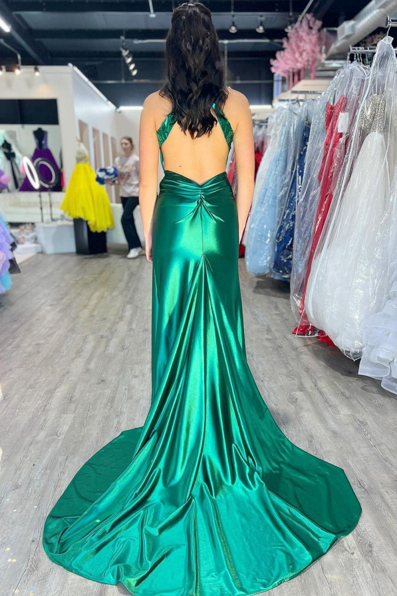 Mermaid Halter Satin Long Prom Dresses with Beads