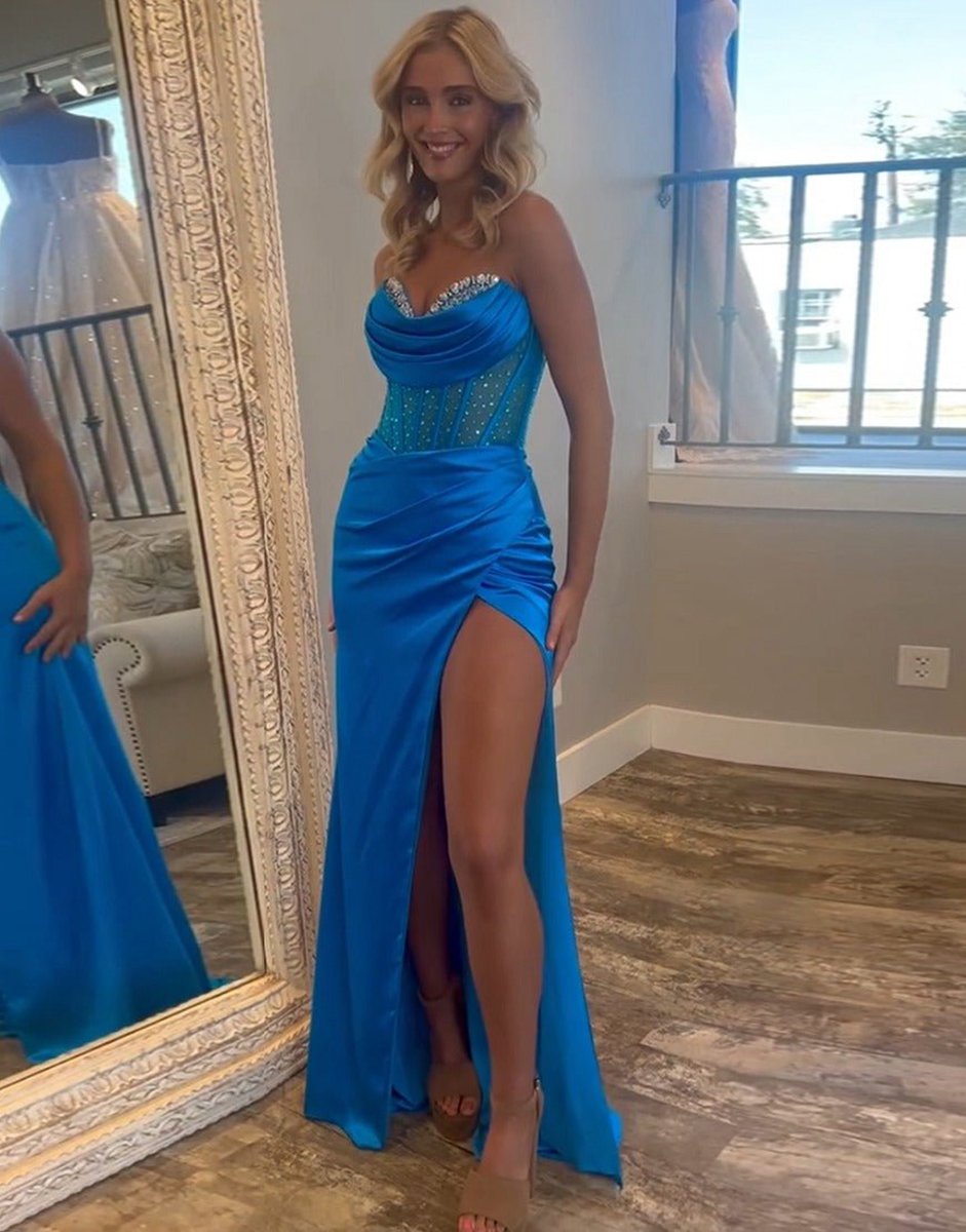 Strapless Satin Mermaid Prom Dresses with Beading