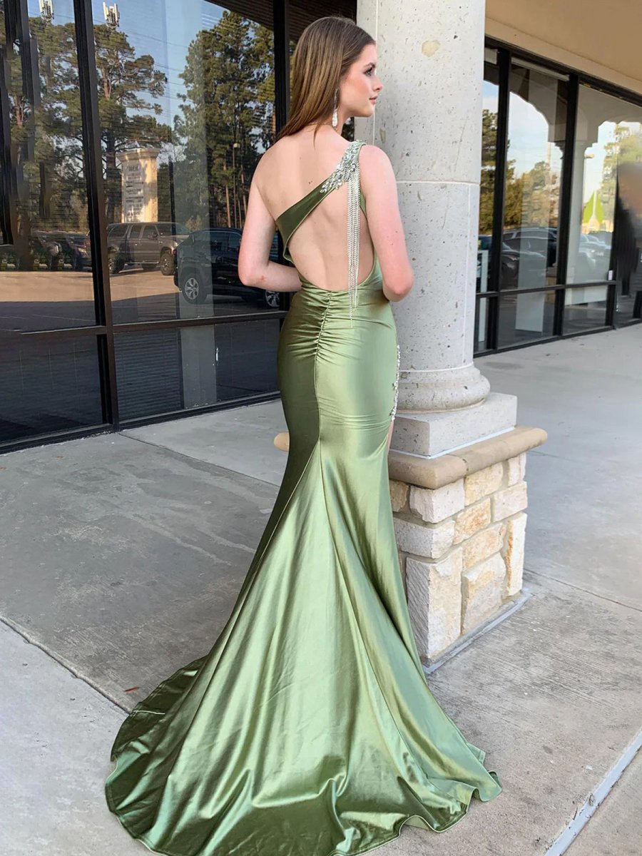 Sage Beaded Mermaid One Shoulder Satin Prom Dresses with Slit