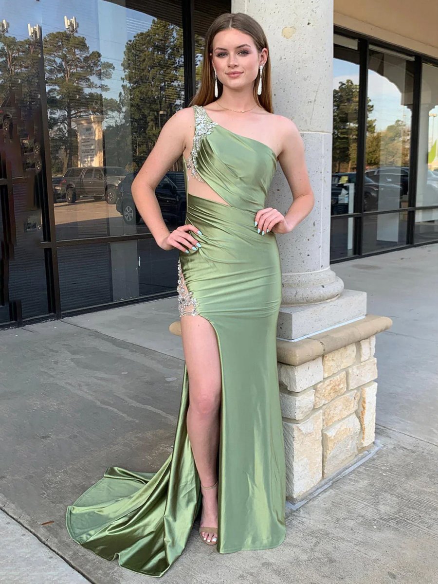Sage Beaded Mermaid One Shoulder Satin Prom Dresses with Slit
