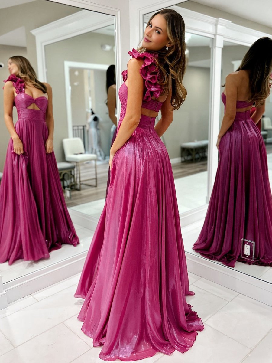 A-line One Shoulder Keyhole Pleated Metallic Prom Dresses with Slit