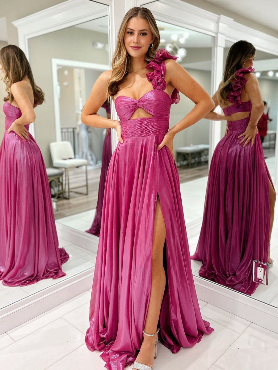 A-line One Shoulder Keyhole Pleated Metallic Prom Dresses with Slit