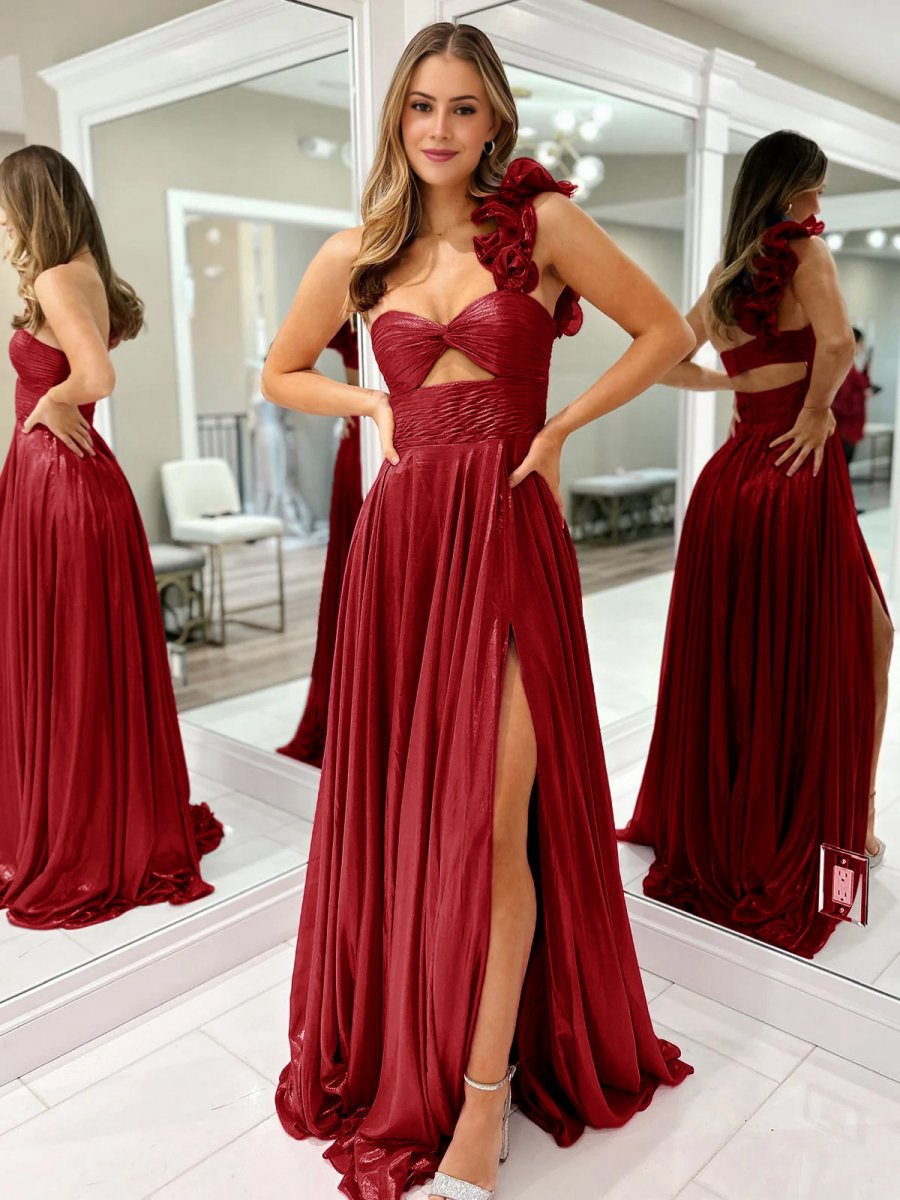A-line One Shoulder Keyhole Pleated Metallic Prom Dresses with Slit